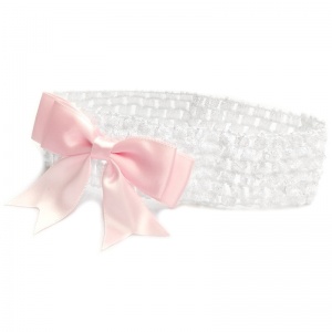 Baby Girls White Crochet Headband with Medium Satin Pink Bow